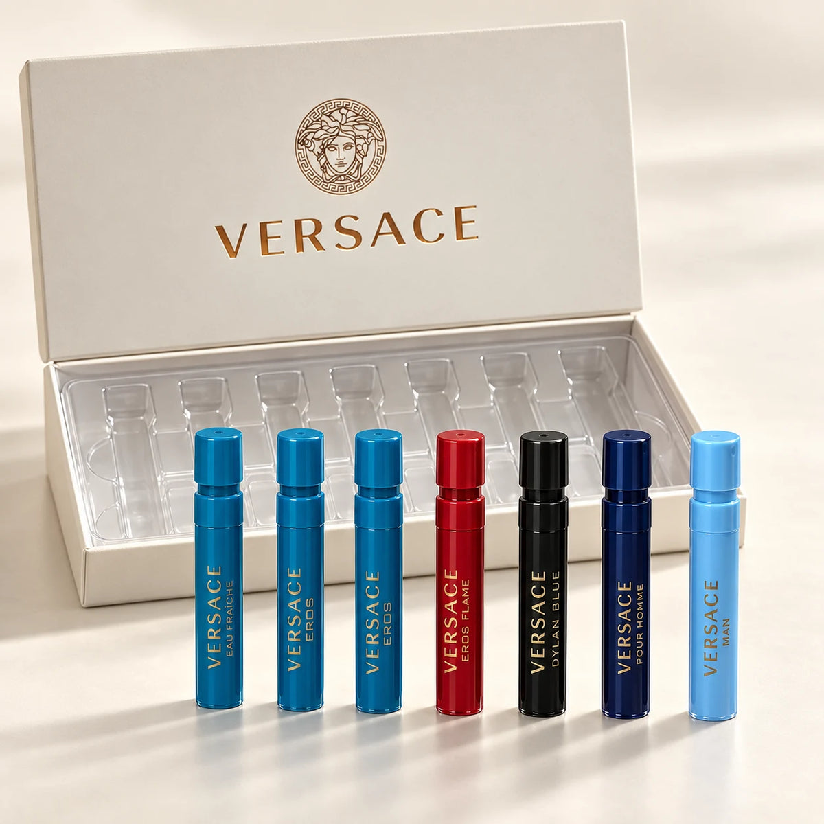 7-Piece Perfume Vial Spray Set for Men by Versace — generated studio image of set contents