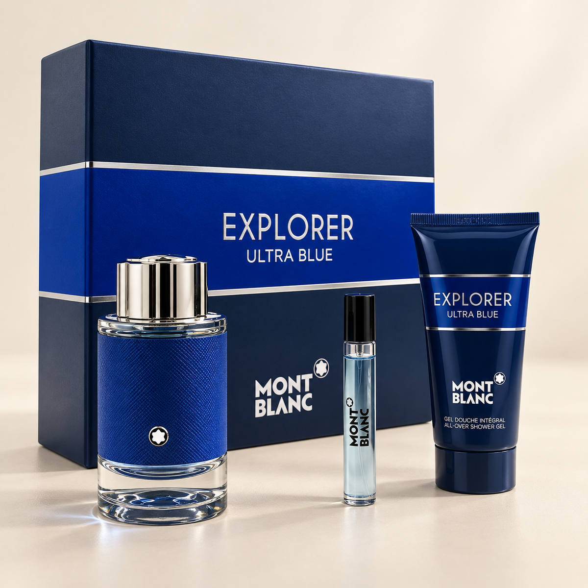 Explorer Ultra Blue 3-Piece Gift Set for Men by Mont Blanc — generated studio image of set contents