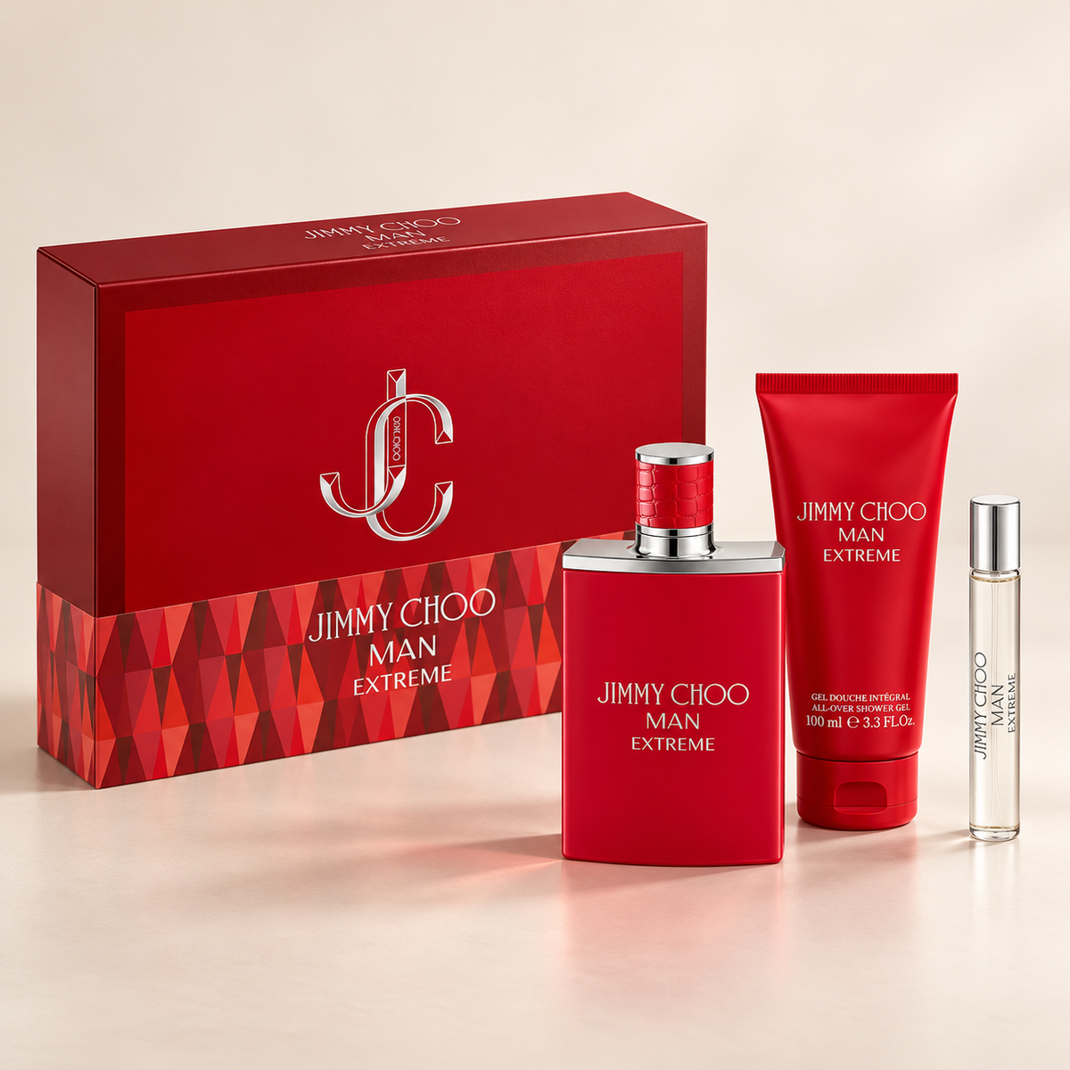 Man Extreme 3-Piece Gift Set for Men by Jimmy Choo — generated studio image of set contents