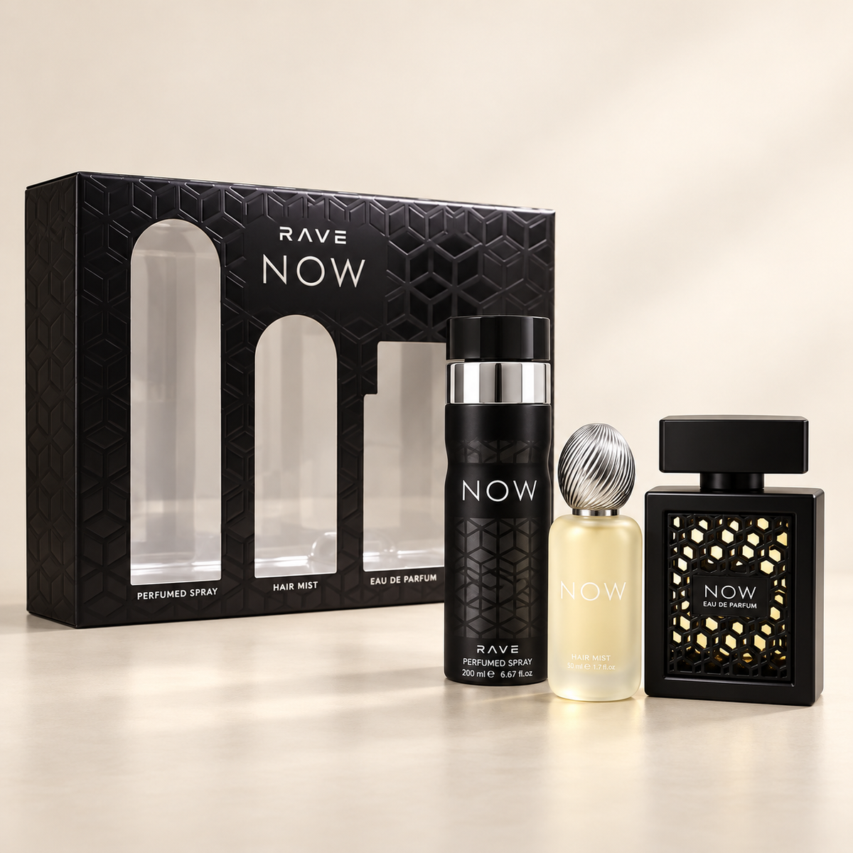 Rave Now 3-Piece Gift Set for Men by Lattafa — generated studio image of set contents