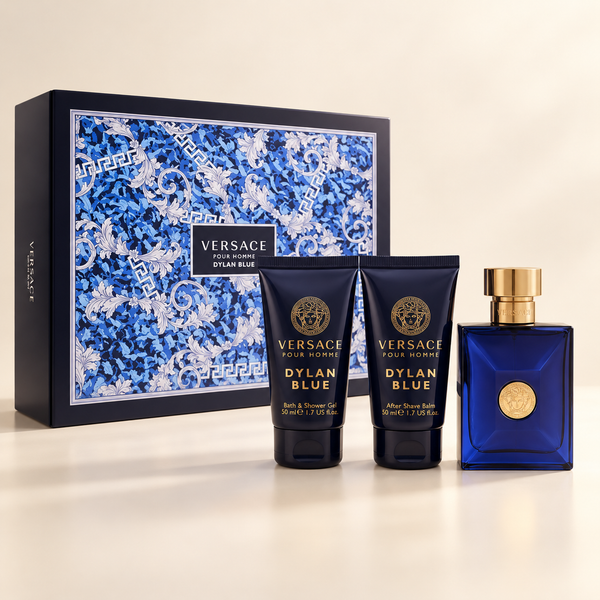 Dylan Blue for Men 3-Piece Gift Set by Versace — generated studio image of set contents